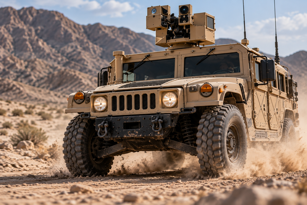 Military tactical vehicle operating in a desert environment for defense applications