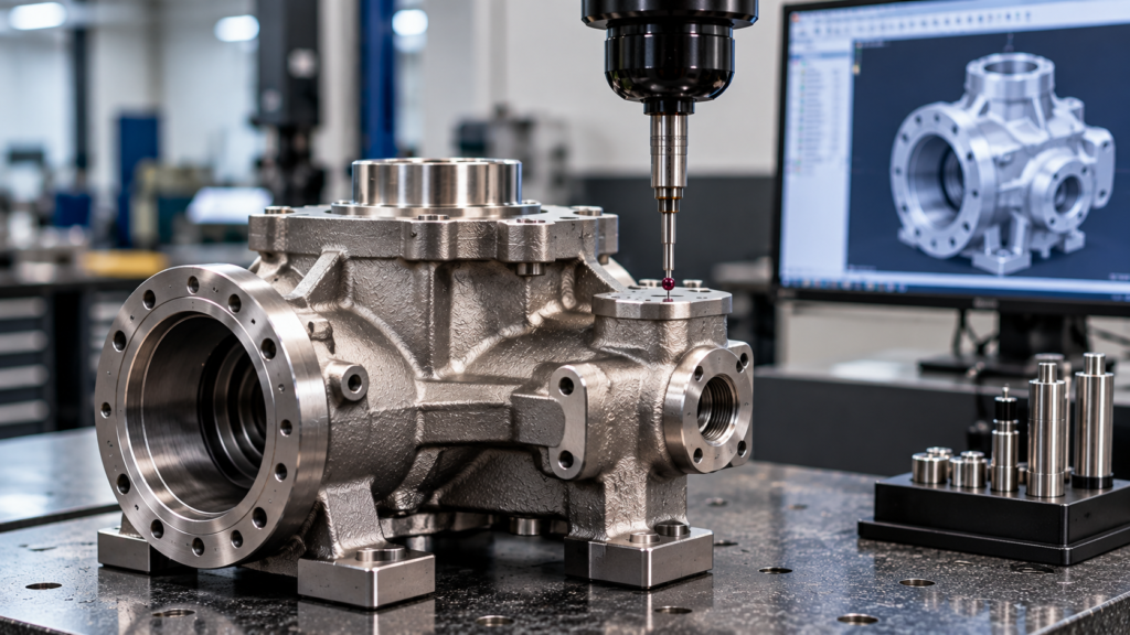 Precision cast and machined component undergoing dimensional inspection with a CMM