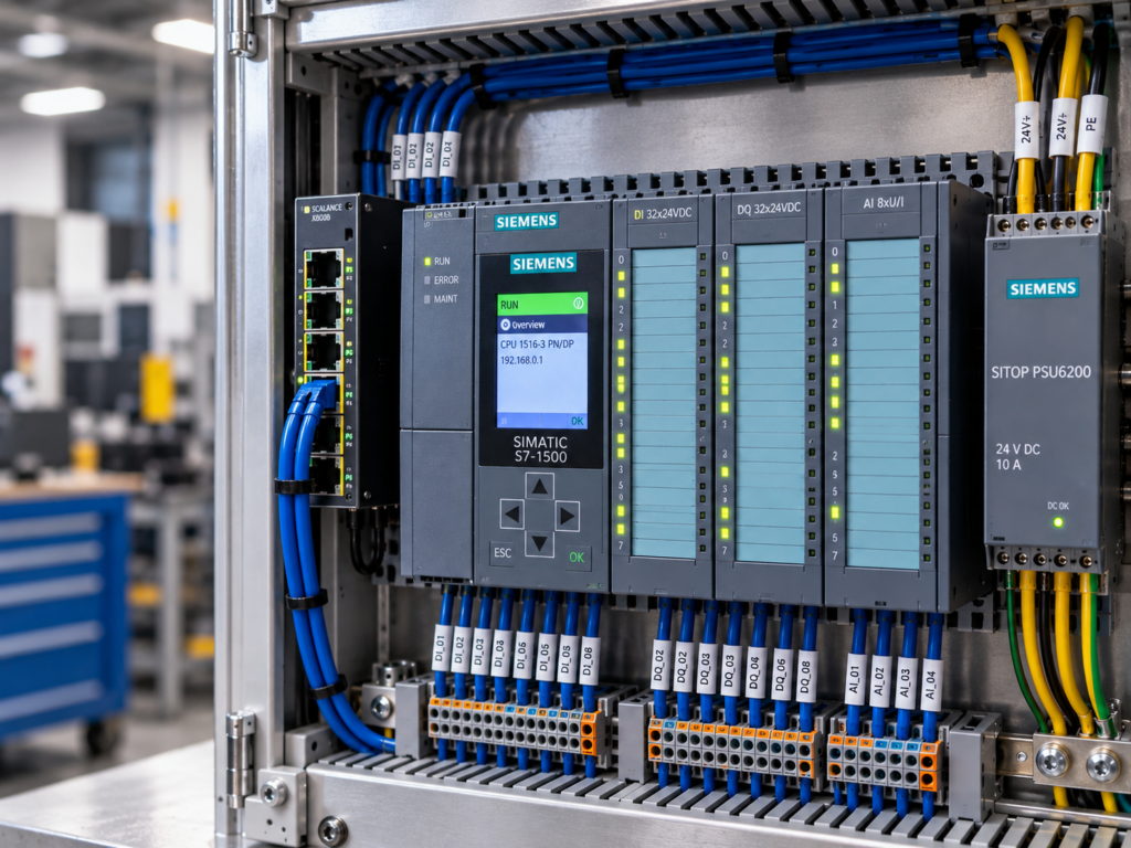 PLC control panel box build with organized wiring and industrial automation components