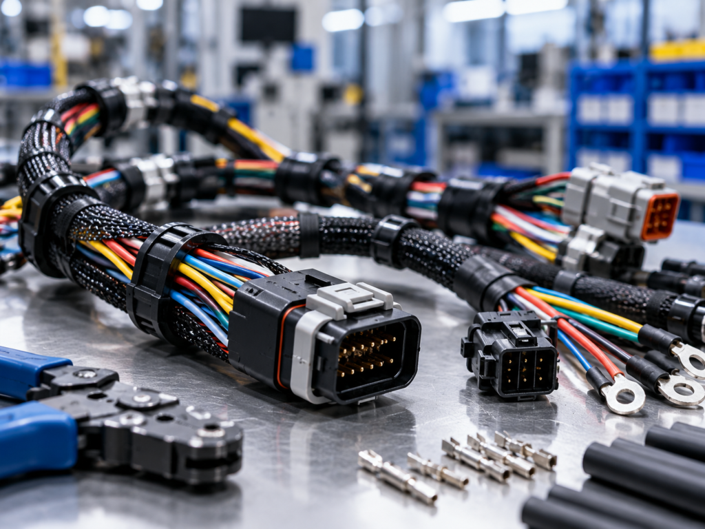 Cable and wire harness manufacturing with connectors and assembled wiring