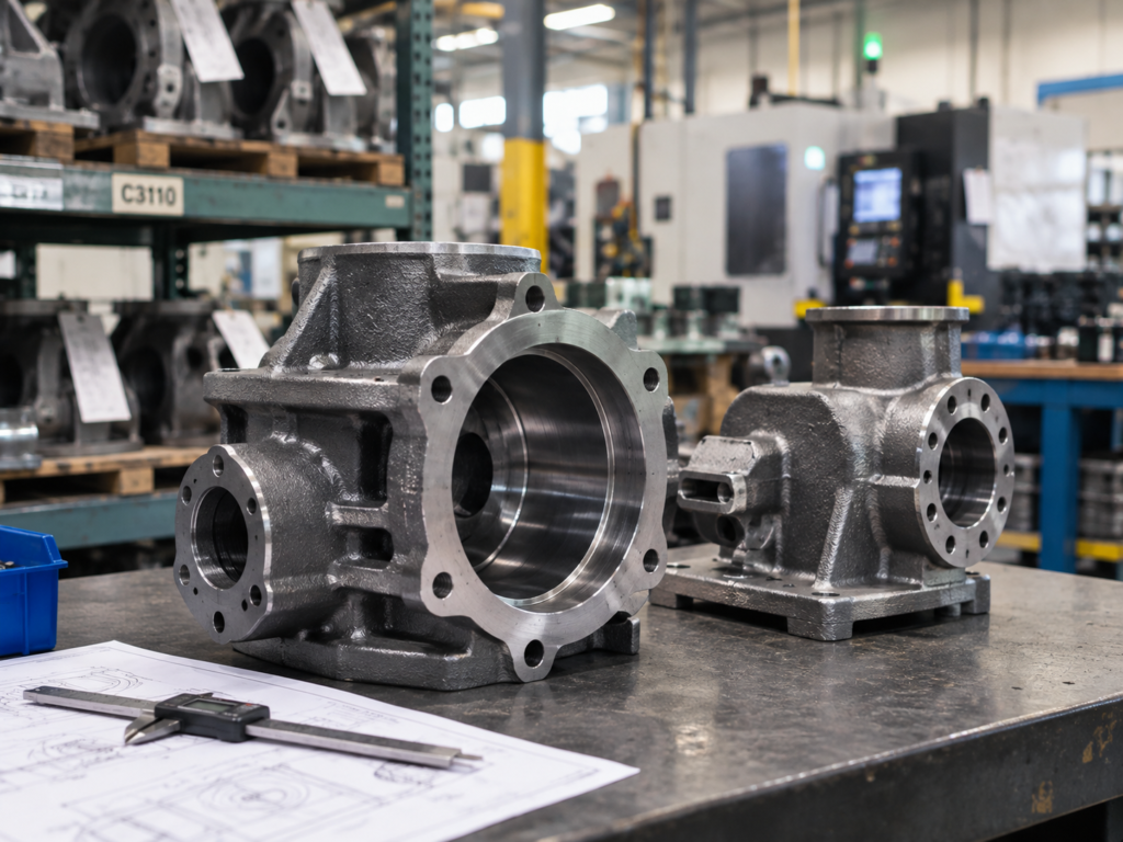 Industrial metal castings and forgings with machined features in a manufacturing facility