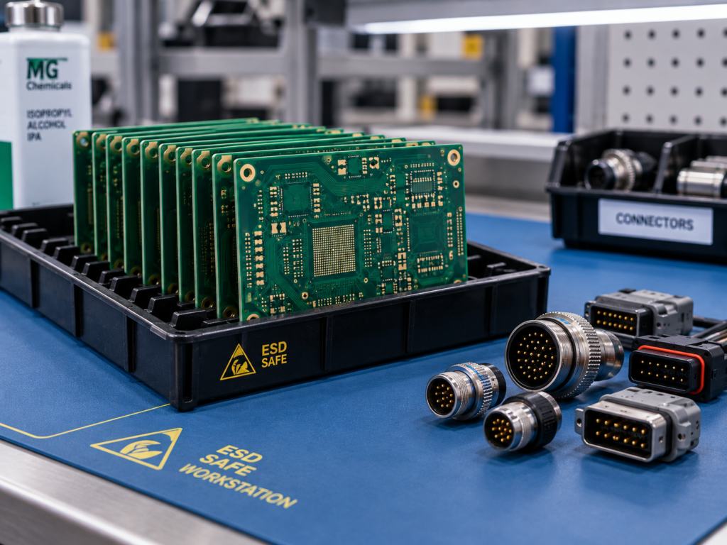 Printed circuit boards in an ESD tray with industrial connectors on an ESD work surface