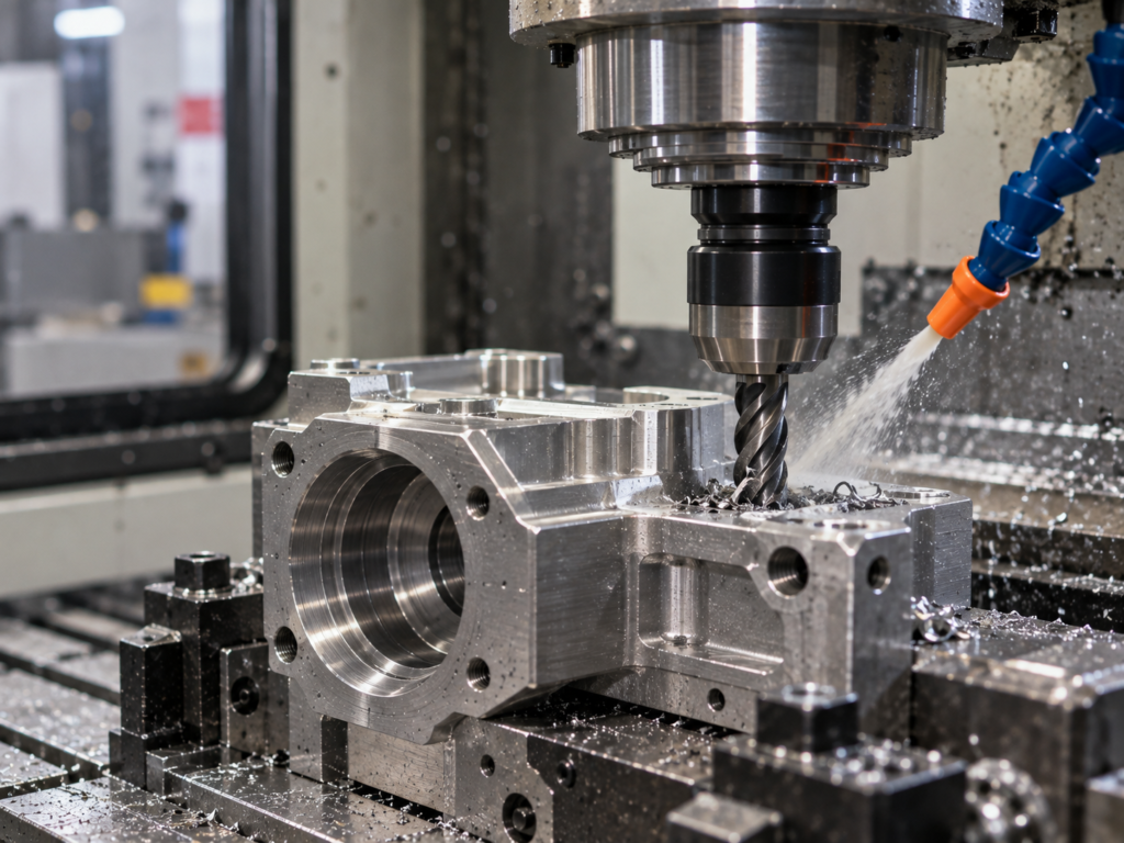 Precision CNC machining of a metal component in a machining center