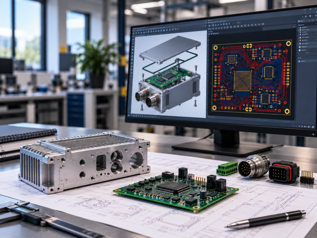Product design and development workspace with PCB design, mechanical CAD, prototype electronics, and machined enclosure