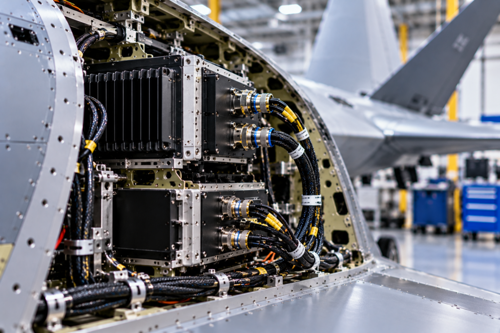 Aircraft avionics bay with rugged electronic modules, connectors, and aerospace cable harnesses