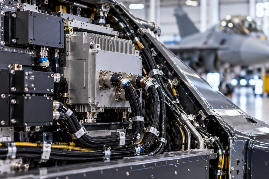 Aerospace avionics system with rugged electronic modules, circular connectors, and secured cable harnesses