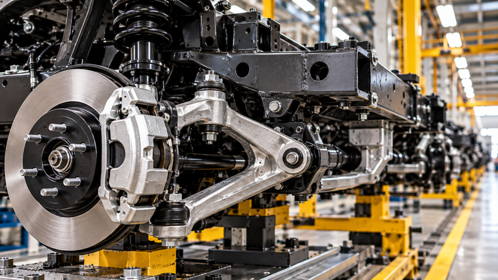 Automotive suspension assembly with cast and forged metal components on a vehicle production line