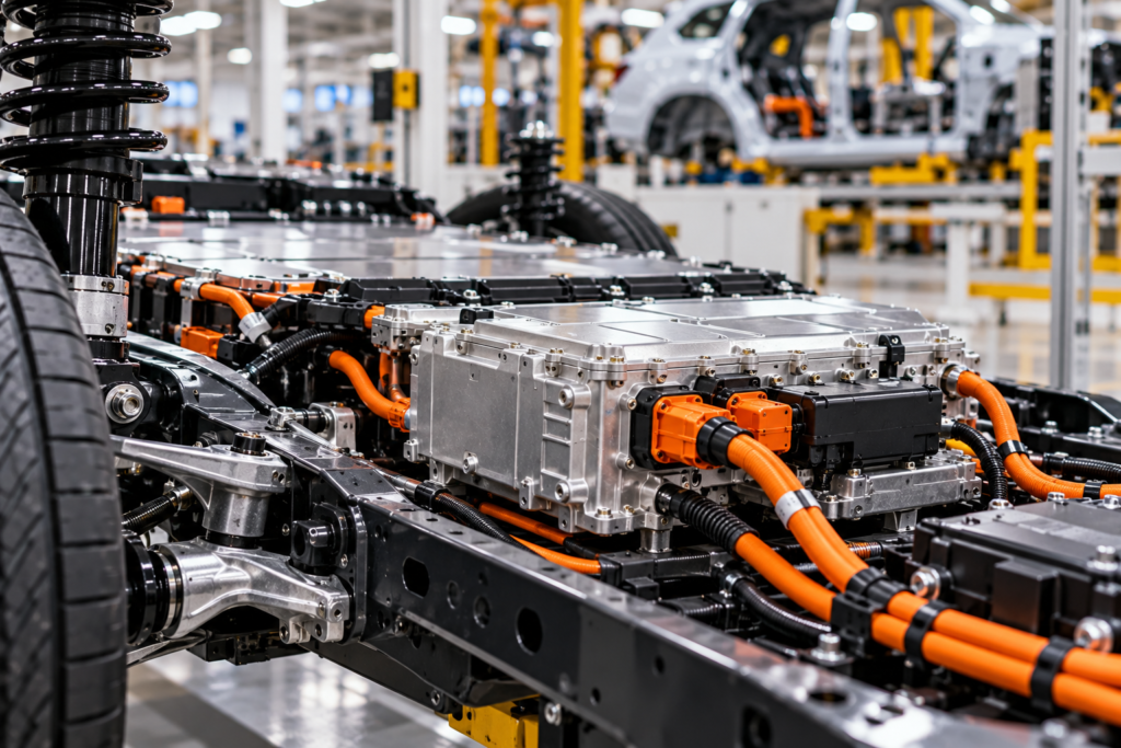Electric vehicle chassis with power electronics, high-voltage connectors, and integrated cabling