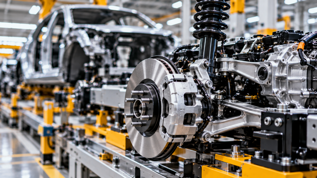 Automotive suspension and brake assembly with precision machined components on a vehicle production line