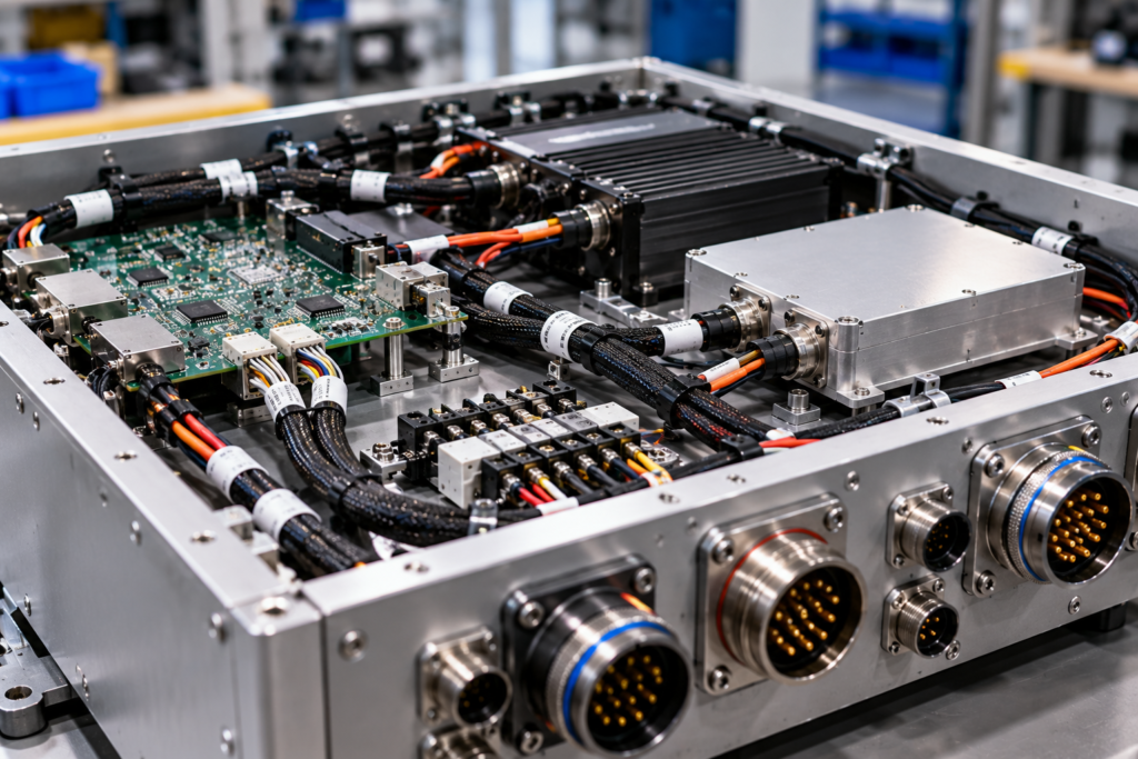 Integrated electronic box build with PCB assemblies, cable harnesses, power modules, and rugged connectors