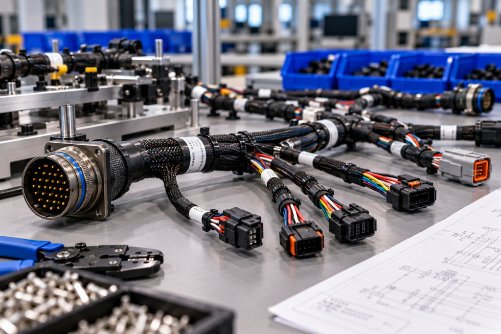Custom cable and wire harness assembly with rugged circular and rectangular connectors