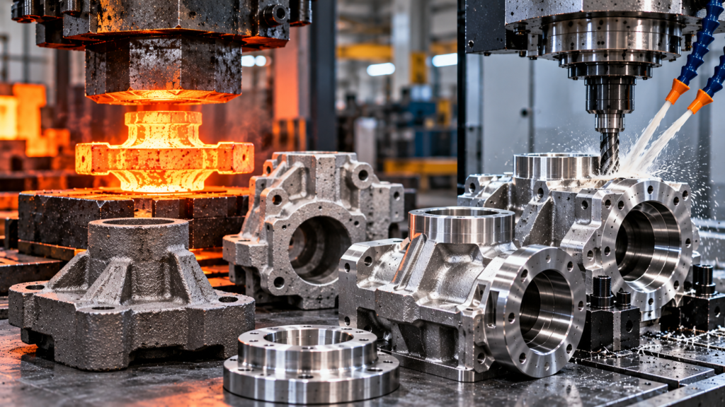 Cast and forged metal components undergoing precision CNC machining
