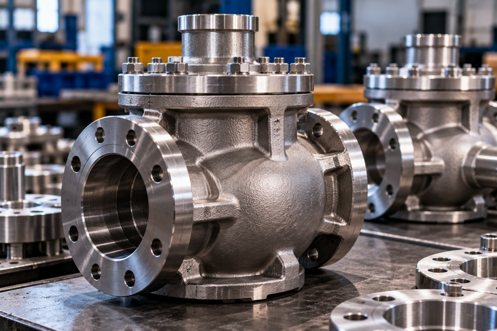 Finished forged and machined industrial valve assembly with precision flanges