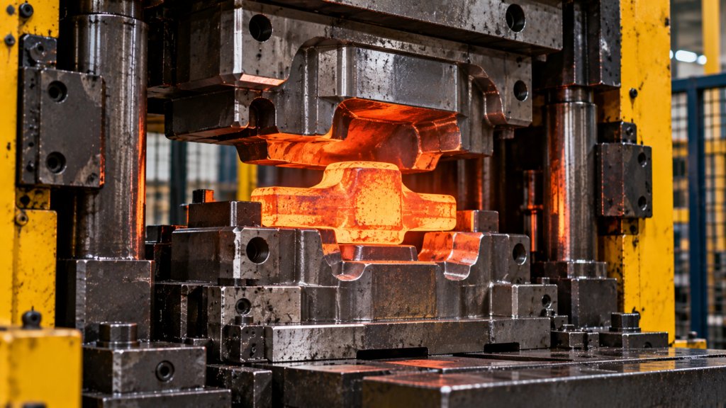 Heated metal component undergoing closed-die forging in an industrial forging press