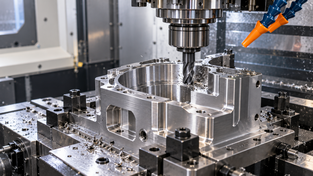 Precision CNC milling machine cutting a metal housing secured inside an enclosed machining center with industrial fixtures and tooling.