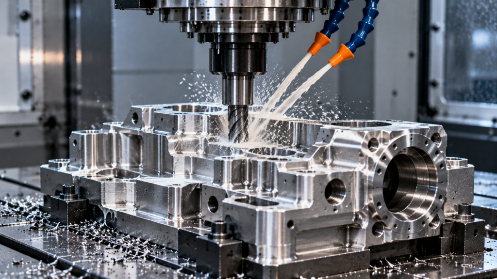 Precision CNC milling of a complex metal component inside an enclosed machining center
