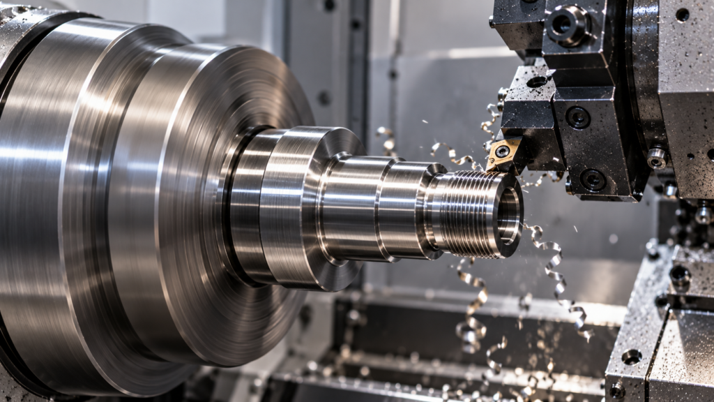 Precision CNC turning of a threaded metal shaft inside an enclosed CNC lathe