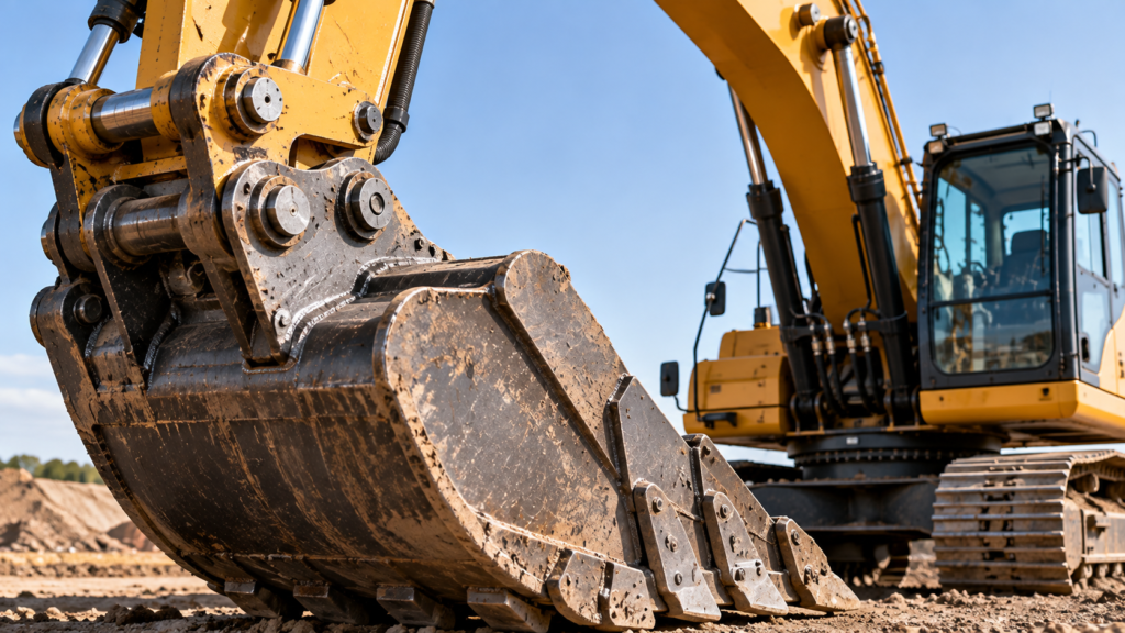 Heavy-duty excavator with cast and forged components in the bucket linkage and hydraulic system