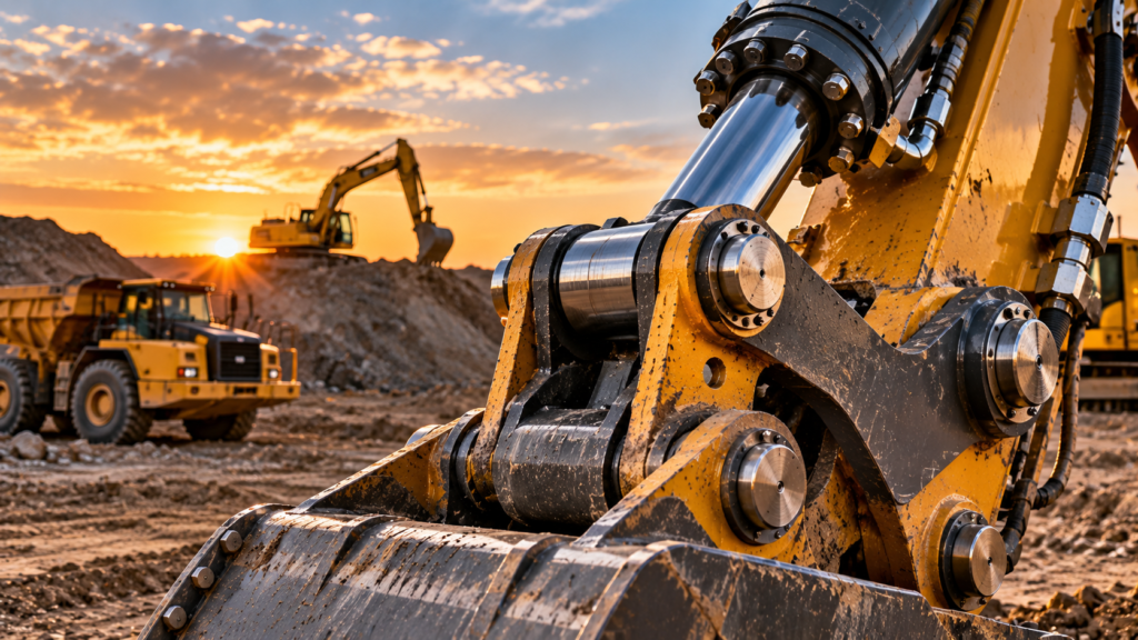 Excavator hydraulic linkage with precision machined pins and heavy equipment components