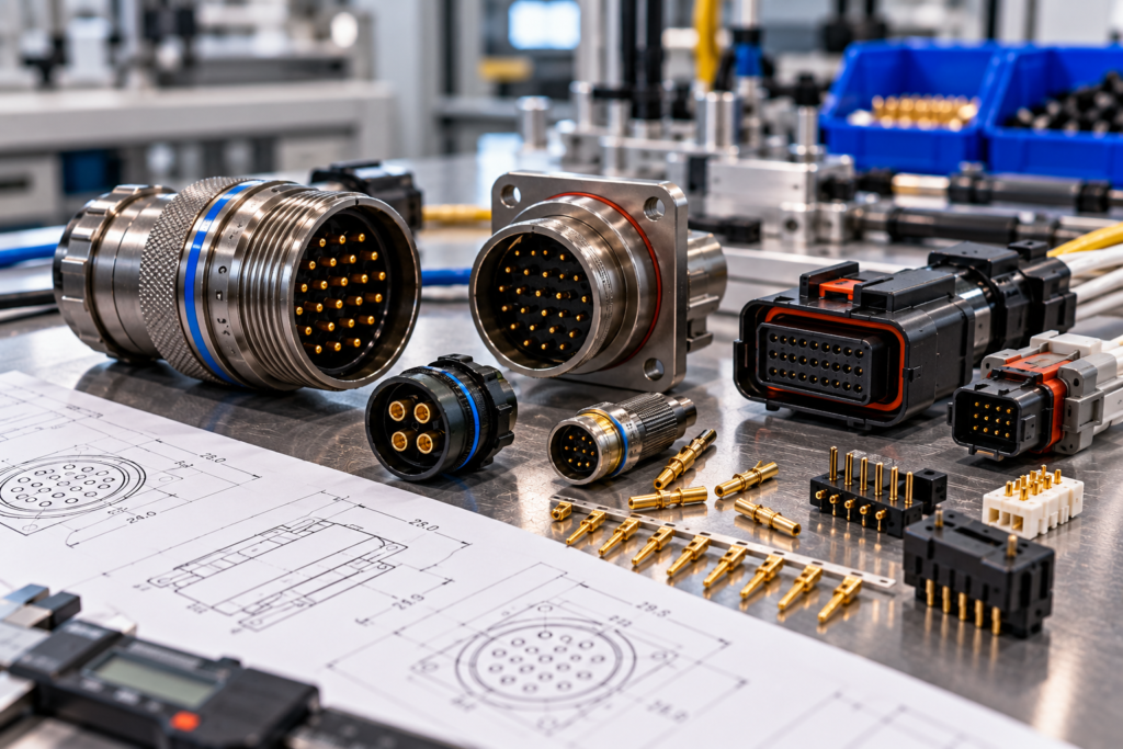 Custom circular and rectangular electrical connectors with precision contacts and rugged housings