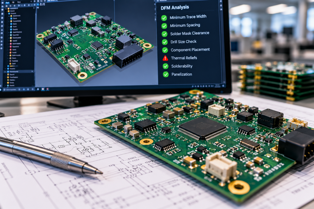 PCB assembly undergoing design for manufacturability review at an engineering workstation