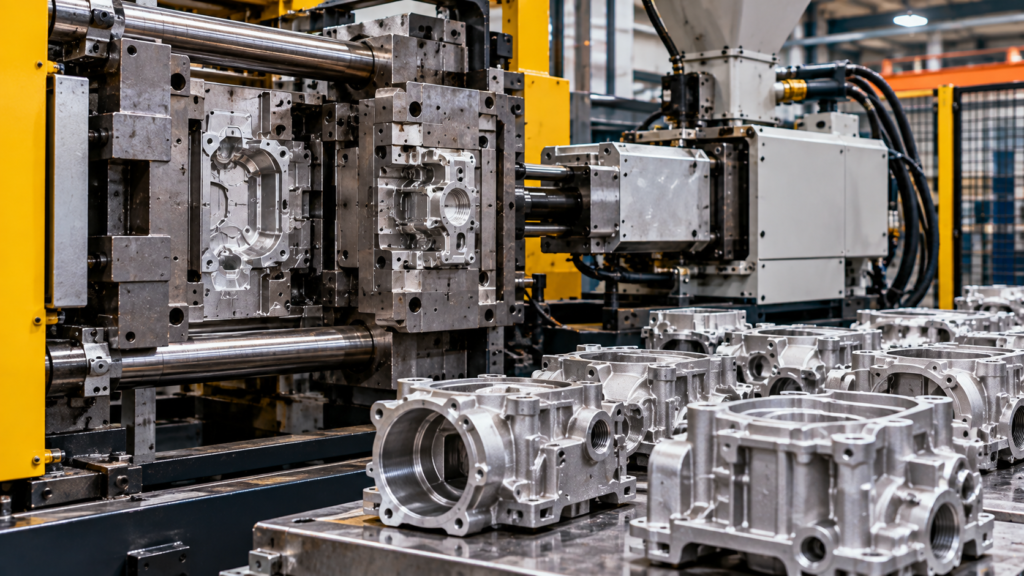 Die casting machine with precision cast metal components in a manufacturing facility