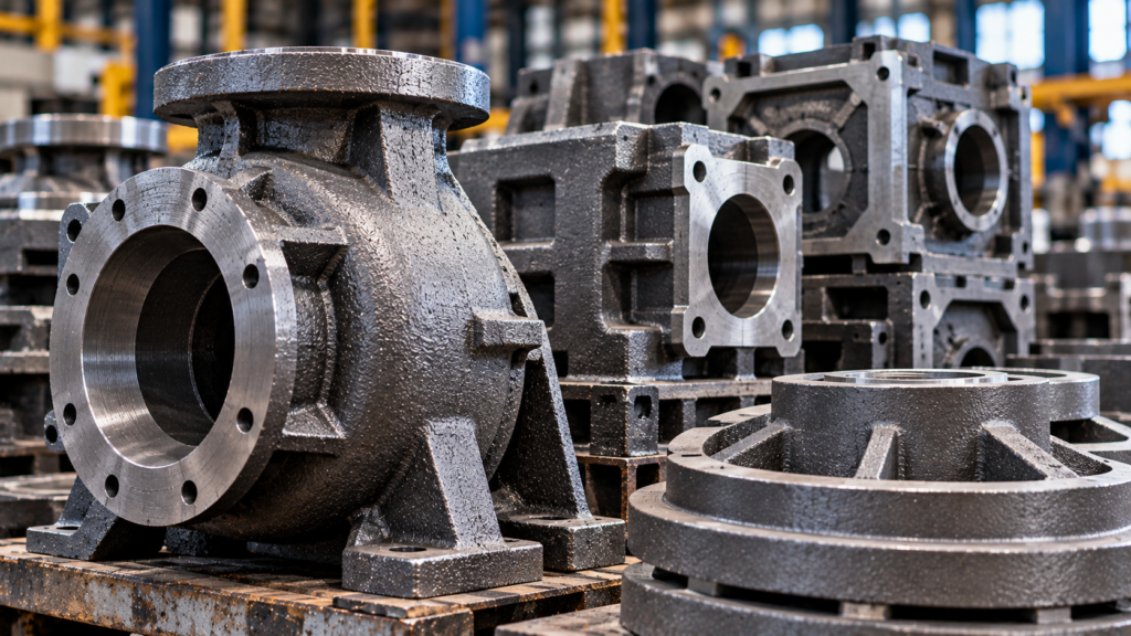 Ductile and cast iron industrial components with machined surfaces and flanges