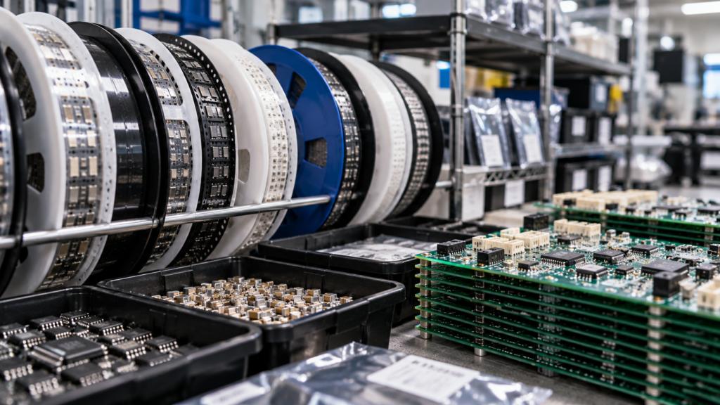 Electronic component reels, integrated circuits, and stacked printed circuit boards organized at an electronics manufacturing workstation.