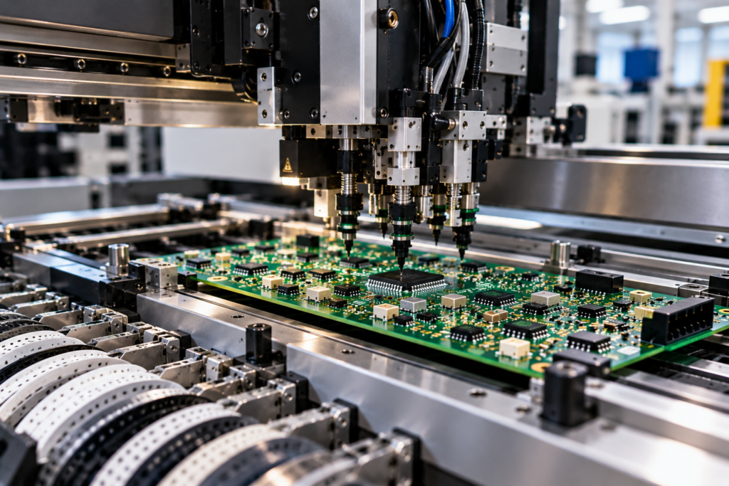 PCB assembly undergoing automated SMT component placement on an electronics manufacturing line