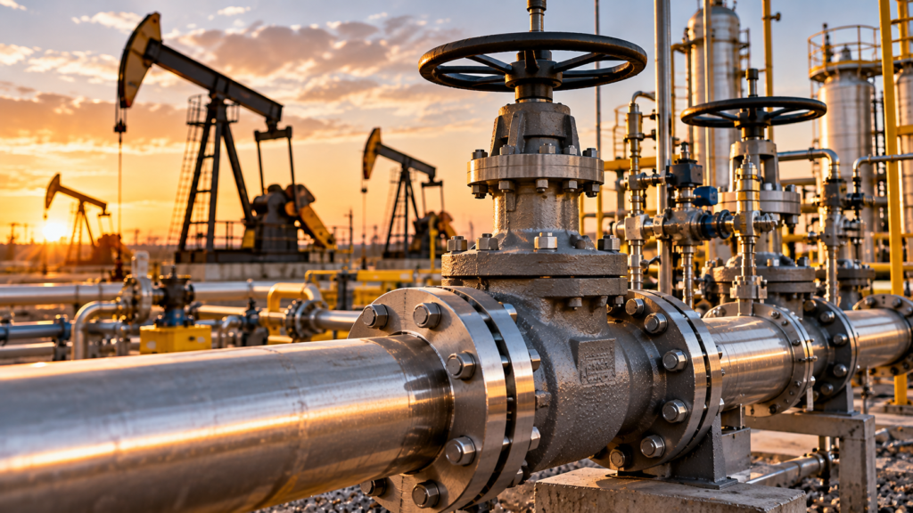 Industrial valve and pipeline system with cast and forged components at an oil and gas facility