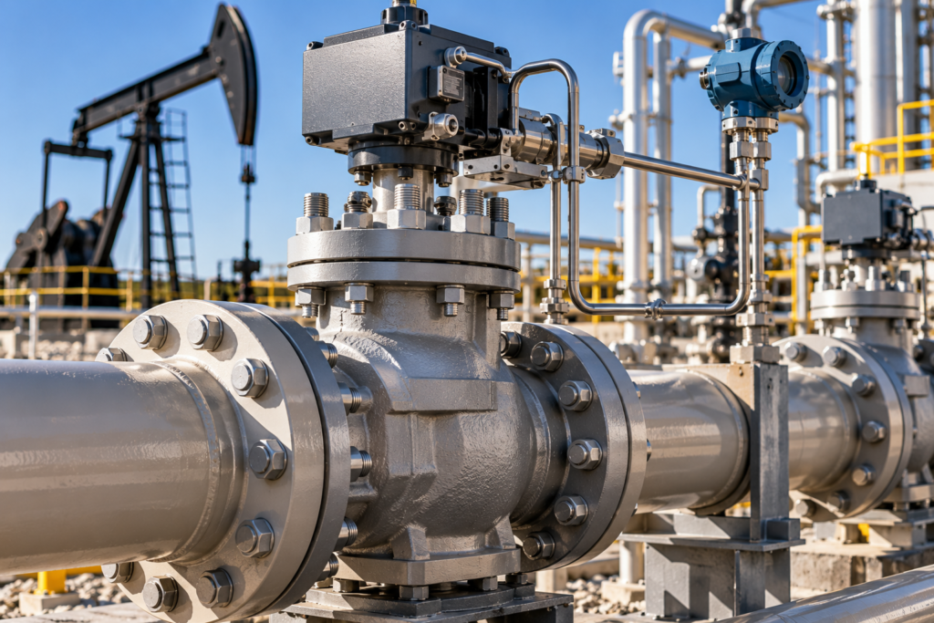 Oil and gas process equipment with industrial valve, actuator, and instrumentation