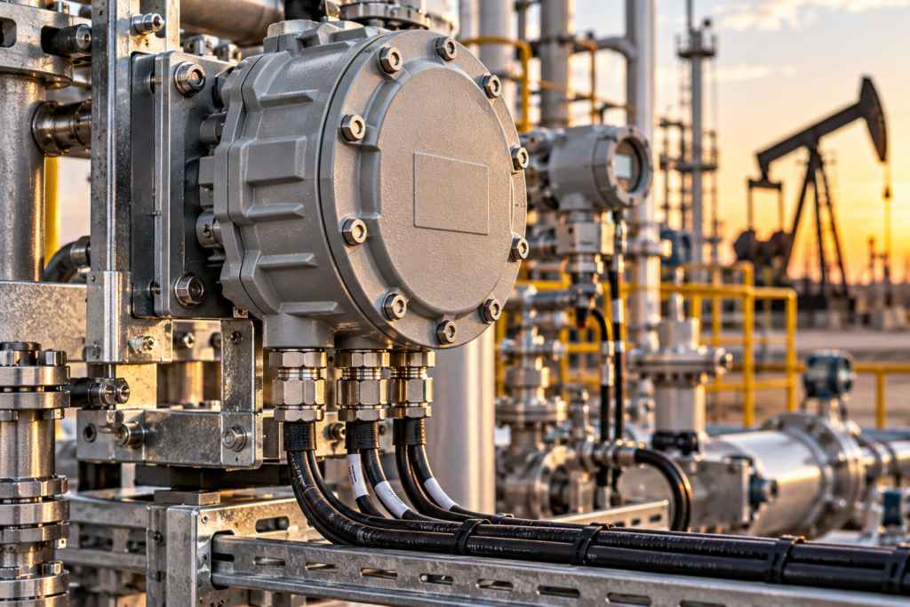 Oil and gas process equipment with rugged electronic enclosure, cable glands, and industrial cabling