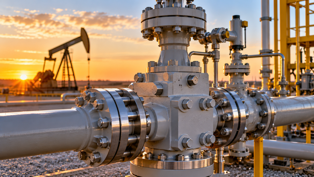 Oil and gas valve assembly with precision machined flanges and components