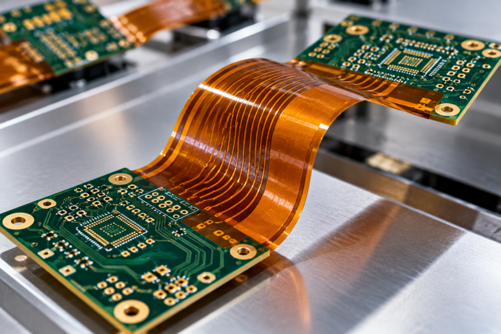 Bare rigid-flex PCB with flexible circuit sections connecting rigid printed circuit boards