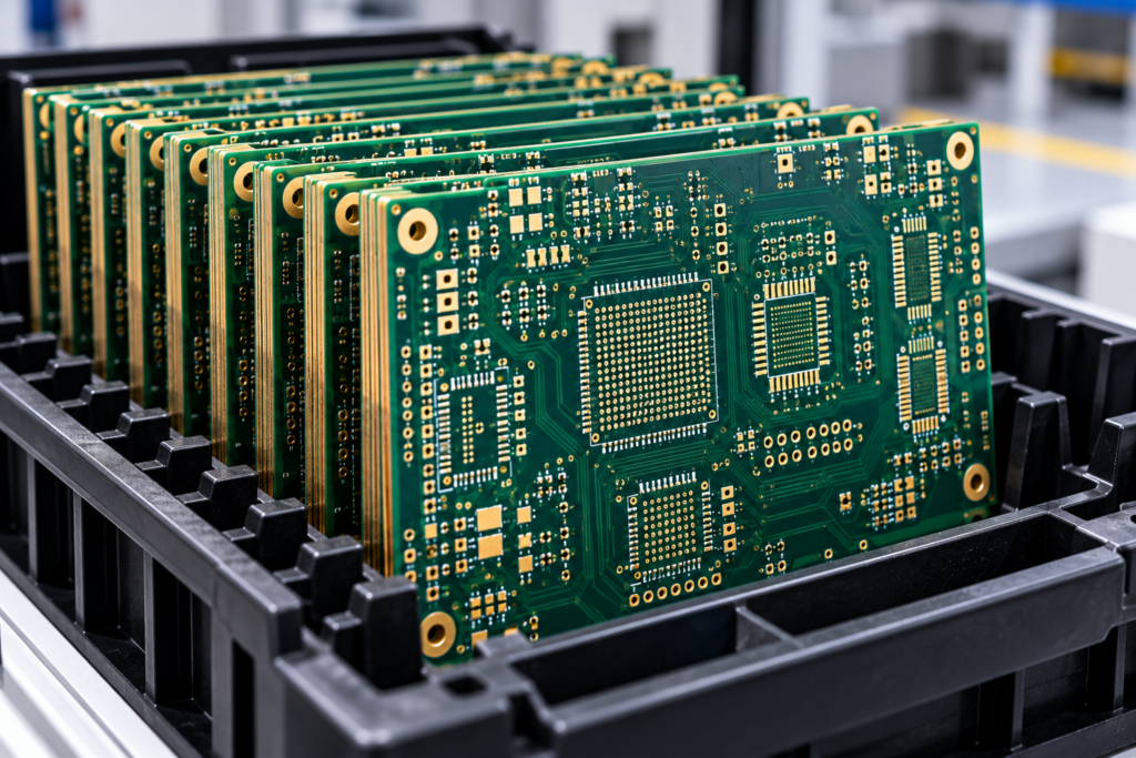 High-density multilayer bare printed circuit boards stored in an ESD-safe PCB rack