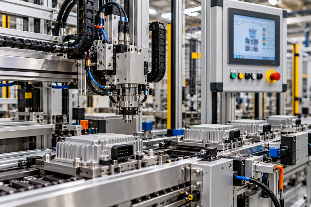 Industrial automation equipment with electronic controls, rugged connectors, and integrated cabling