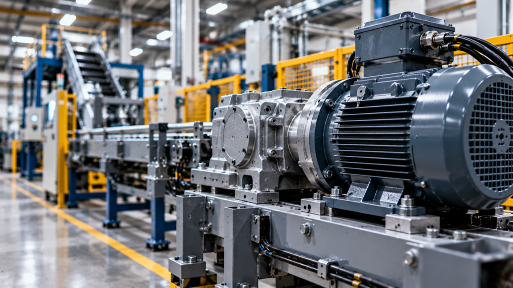Industrial motor and gearbox assembly with precision machined components in a manufacturing facility