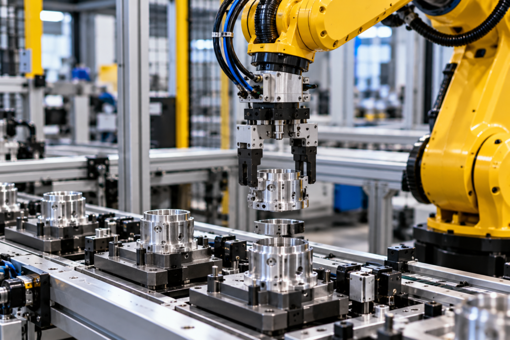 Industrial robotic automation system handling precision-machined components on an automated production line