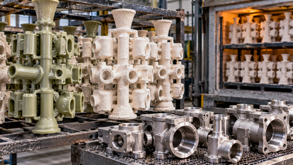Investment casting wax patterns, ceramic shell molds, and finished precision metal castings