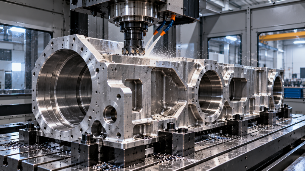 Large industrial metal component undergoing precision CNC machining inside a machining center