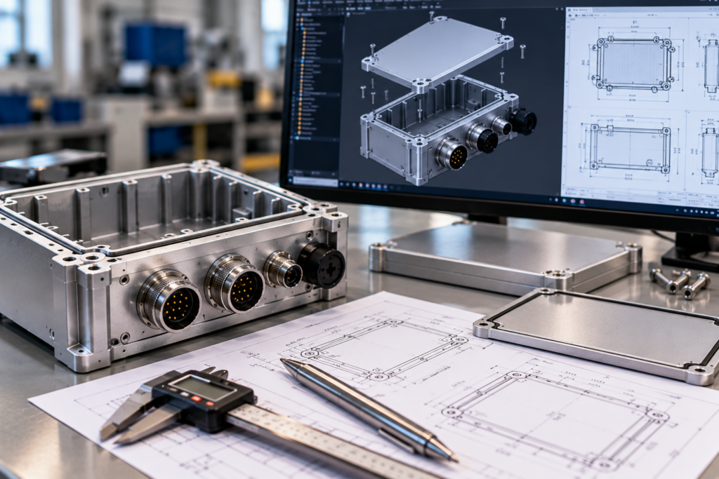 Mechanical enclosure design with CAD model, engineering drawings, and machined aluminum housing