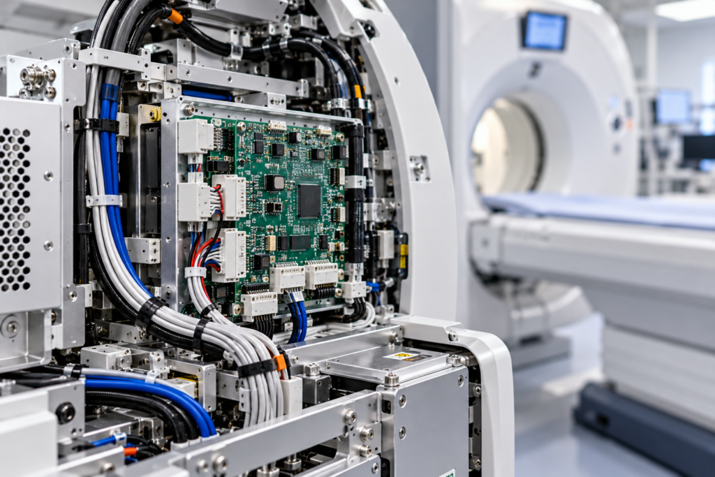 Medical imaging equipment with integrated PCB assembly, connectors, and cable harnesses