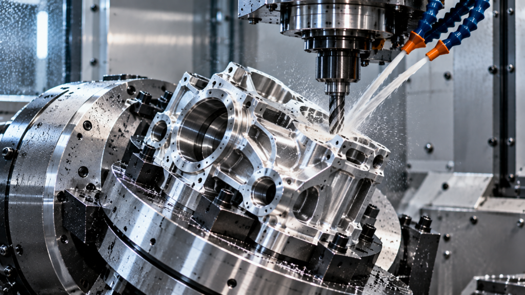 Complex metal component undergoing multi-axis CNC machining on a rotary fixture