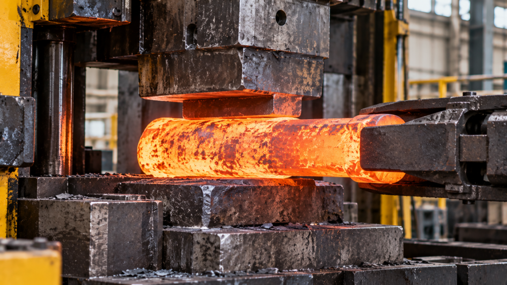 Heated steel billet undergoing open-die forging in an industrial hydraulic press