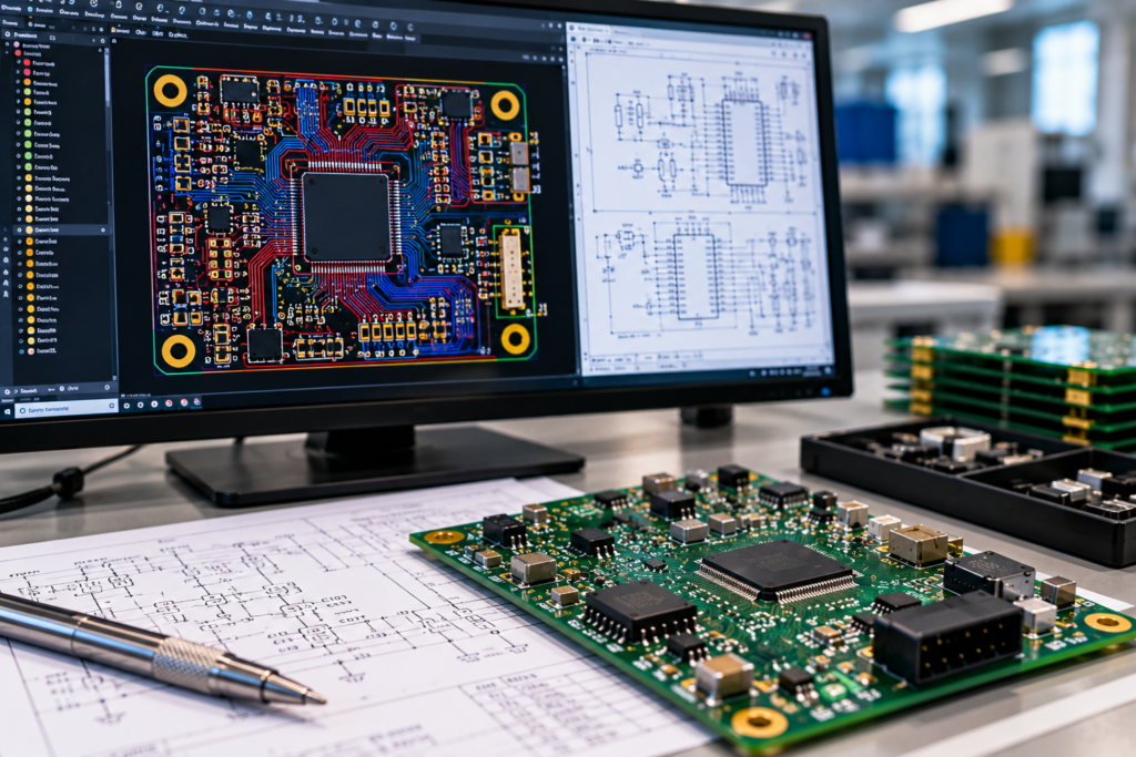 PCB electronics development workstation with circuit board layout, schematic, and assembled PCB