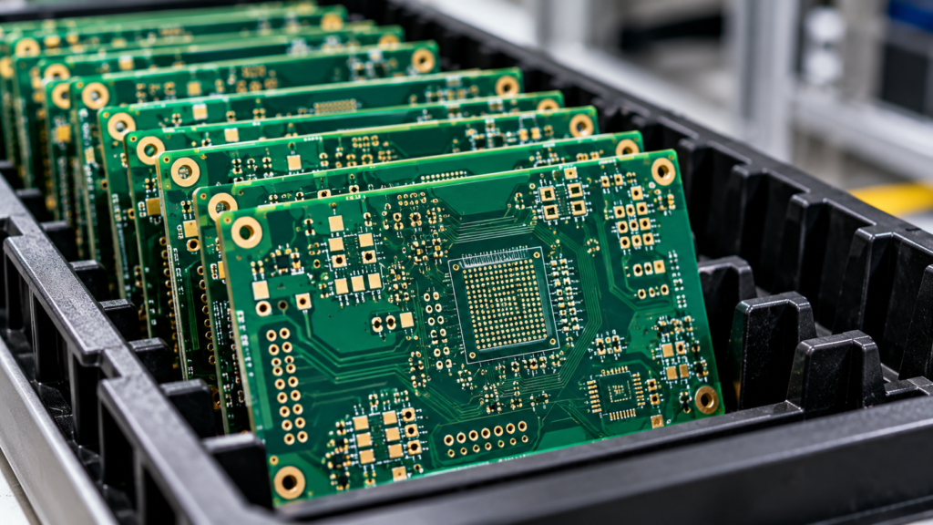 Bare printed circuit boards organized in an ESD-safe tray for PCB manufacturing