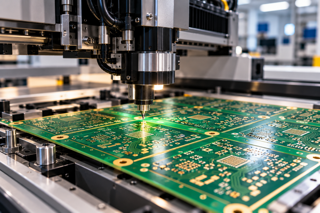 Bare printed circuit board panel undergoing precision PCB fabrication