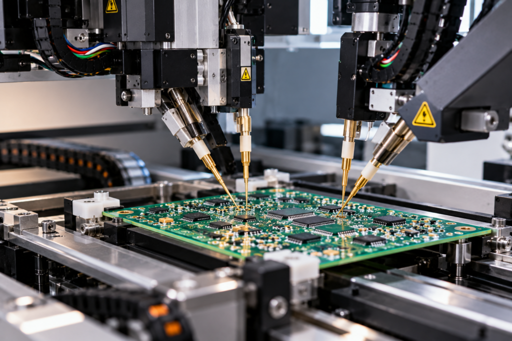 Printed circuit board undergoing automated flying probe electrical testing