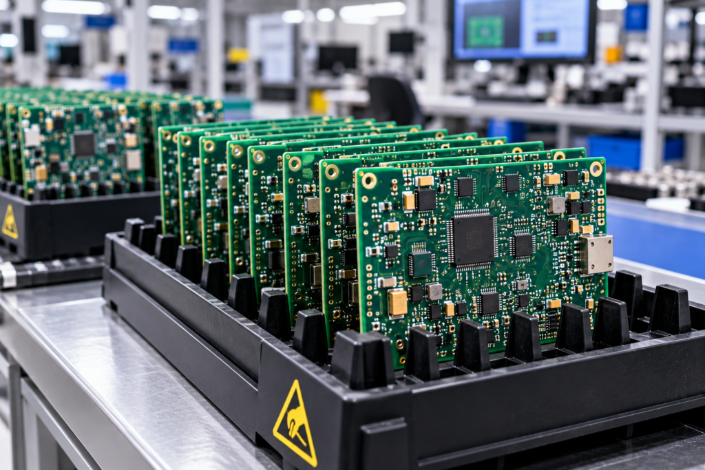 PCB assemblies properly stored upright in ESD-safe trays in an electronics manufacturing facility