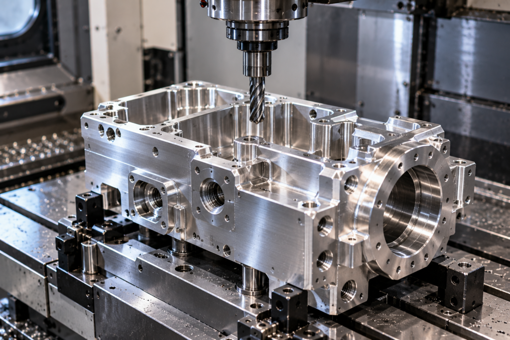 Precision aluminum component secured inside a CNC machining center